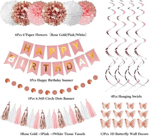 Miniatura 3 de Kit de decoración de fiesta de cumpleaños de oro rosa para mujeres y niñas, confeti de oro rosa, globos de feliz cumpleaños rosa, cortinas