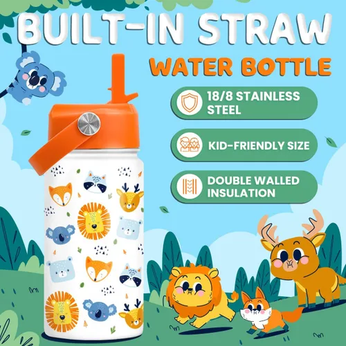 Miniatura 2 de SANDJEST Botella de Agua para Niños con Tapa de Pajita - 12 Oz Botella de Acero Inoxidable Aislada con Dibujo de Animales para Niños y Niñas - Taza
