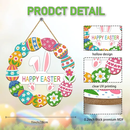 Miniatura 2 de Decoración de Pascua de madera para decoración de puerta delantera, letrero de Pascua, decoración de primavera, letrero de conejo, flor de huevo