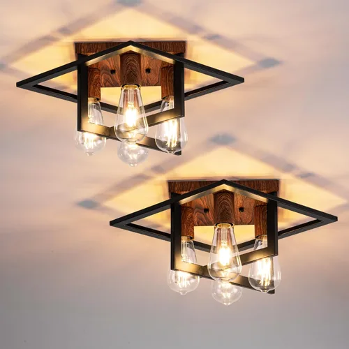 Miniatura 14 de Lámpara de techo semiempotrada, lámpara de techo industrial de 4 luces con marco negro y detalle de grano de madera, iluminación de granja cerca