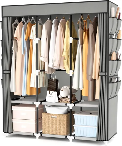 Miniatura 15 de Armario portátil para colgar ropa, armario portátil con tapa, 4 estantes de almacenamiento, 2 varillas para colgar y 8 bolsillos laterales, fácil