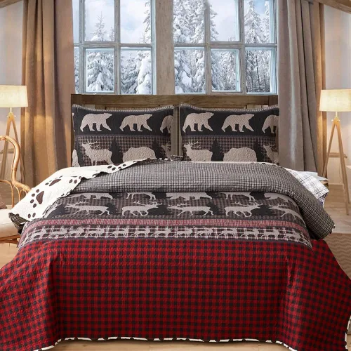 Miniatura 14 de Ycosy Juego de Edredón Rústico Lodge con Alce Ciervo Colcha Tamaño King Oso del Bosque Ciervo Edredón Verde Matcha Reversible Cubrecamas de Cabaña