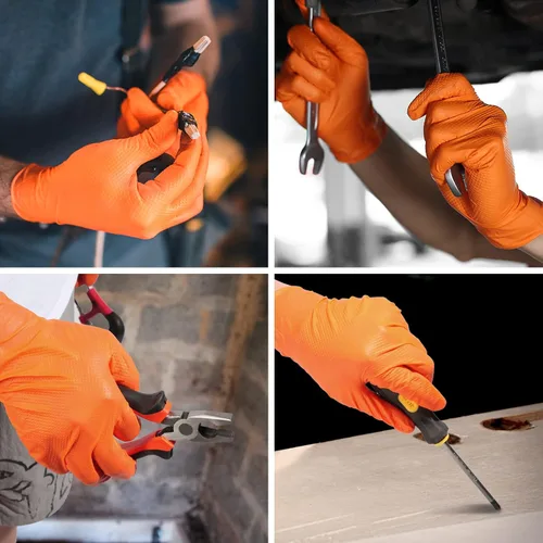 Miniatura 8 de LOGO Guantes desechables de nitrilo naranja-7.5mil Grip Diamond Textured Heavy Duty Automotive Mechanic compostable (50 piezas/caja)