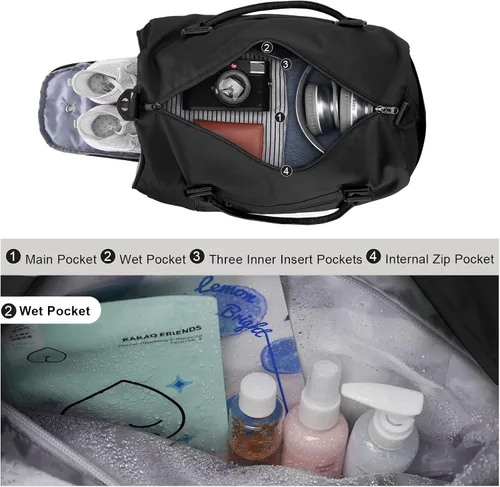 Miniatura 6 de Bolsa de gimnasio para mujeres y hombres, bolsa de viaje deportiva con compartimento para zapatos y bolsillo húmedo, A-Negro