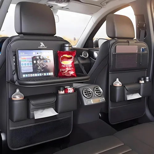 Miniatura 9 de Organizador universal plegable para asiento trasero de automóvil con bandeja de mesa, protector de respaldo de asiento de automóvil con soporte