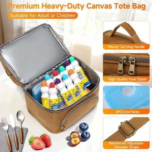 Miniatura 3 de Waxed Canvas Lunch Bag with 2 XL Ice Packs, Canvas Lunch Box, Lunch Cooler for Men Work, 10.5L 2 Compartments Insulated Leakproof Cooler Bags for