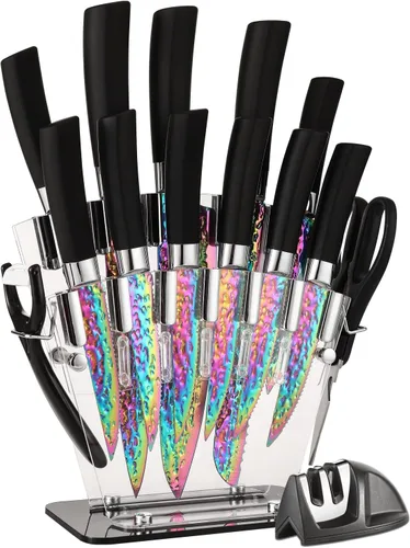 Juego de cuchillos de titanio arcoíris, juego de cuchillos afilados de acero inoxidable con bloque acrílico, afilador, 6 cuchillos de carne, juego