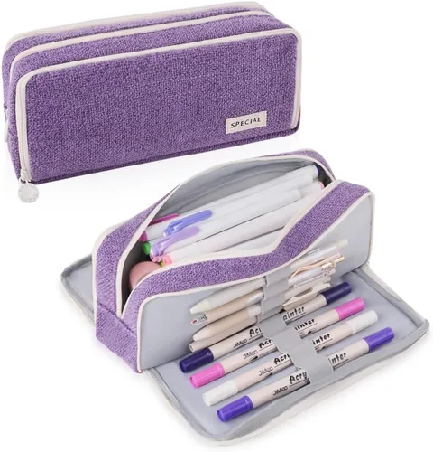 Miniatura 10 de iSuperb - Estuche grande para lápices con gran capacidad, de lona, con 3 compartimentos, bolsa para bolígrafos, bolsa de marcadores