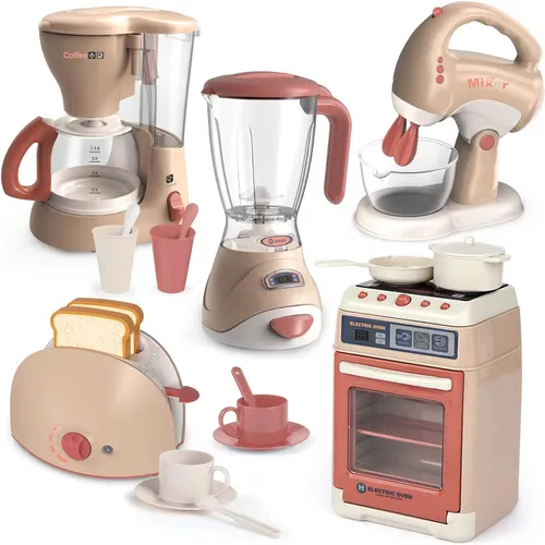 Yalujumb Juego de juguetes de cocina, juego de electrodomésticos de cocina con cafetera, mezclador, tostadora con luces y sonidos realistas, regalo