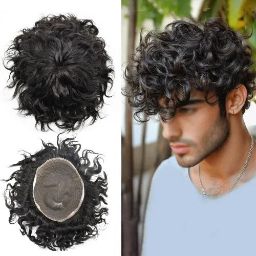 Miniatura 7 de Afro Toupee For Black Men Black Human Hair Mens Toupee Full Lace Hairpiece African American Wavy Kinky Hair System For Men 2MM Afro Wavy-#1 Jet Black