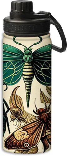Miniatura 23 de Botella de agua deportiva a prueba de fugas con patrón de insectos y polillas, 18 onzas, de acero inoxidable duradero de doble pared, botellas