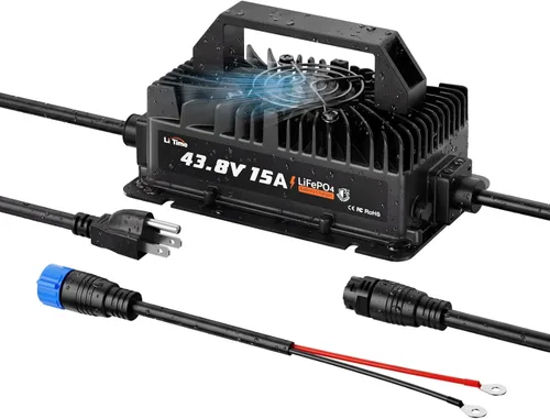 LiTime Cargador de batería LiFePO4 de 36 V (43.8) 15 A, cargador de batería de litio de 36 voltios, impermeable IP66 con activación de batería,