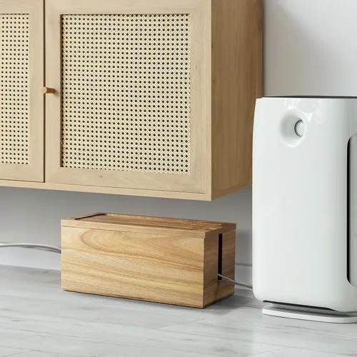 Miniatura 4 de Caja organizadora de cables de madera de acacia, caja organizadora de cables, 2 ranuras abiertas, organizador de cables para debajo del escritorio