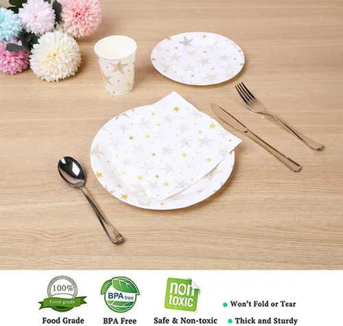Miniatura 3 de CONRADY - Juego de vajilla desechable de 200 piezas de estrella dorada, 25 platos de papel, platos de postre, vasos de papel, cubiertos de plástico
