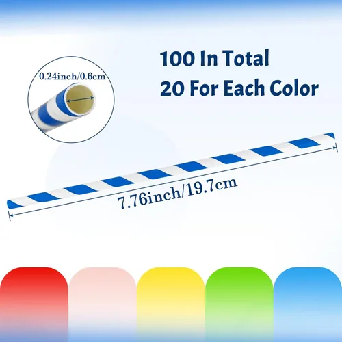 Miniatura 2 de 100 popotes de papel biodegradables a granel, varios colores del arco iris a rayas, pajitas para jugos, batidos, cócteles, café, refrescos, batidos
