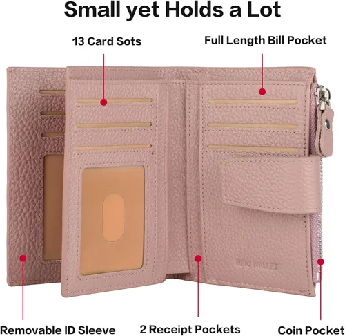 Miniatura 4 de Lavemi Pequeña cartera compacta para mujer, con bloqueo RFID, de piel auténtica, plegable, con ventanas de identificación