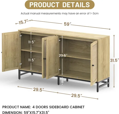 Miniatura 2 de ZLWJGY Credenza - Armario tipo bufé de ratán, aparador de almacenamiento con 4 puertas, mesa consola grande de mediados de siglo moderna de 59