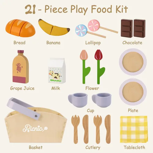 Miniatura 5 de Pillowhale Juego de Comida de Picnic de Madera – Juego de Cocina de Juguete para Niños de 21 PIEZAS con Manta, Frutas para Cortar y Configuraciones