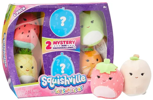 Squishville por Squishmallow SQM0068 seis peluches misteriosos, 2 mini Squishmallows irresistiblemente suaves y coloridos; mini Durazno, Piña y