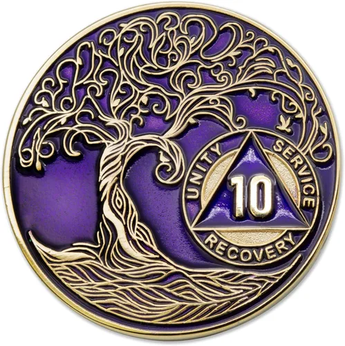 Miniatura 161 de 20 Year Sobriety Mint Twisted Tree of Life - Medallón de recuperación AA chapado en oro, fichas y fichas, color negro
