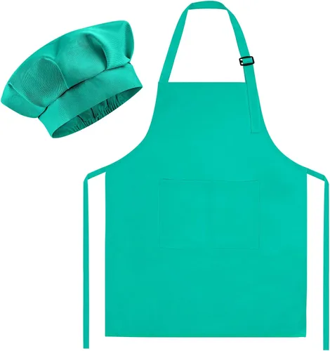 Miniatura 7 de Morcheiong Juego de gorro y delantal de chef para niños, delantal de pintura ajustable para niños y gorro de chef con 2 bolsillos para cocinar