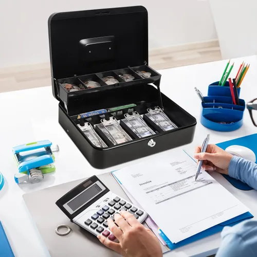 Miniatura 7 de Caja de efectivo con bandeja de dinero y cerradura de llave, caja de seguridad para ahorrar dinero en efectivo, organizador de dinero, cajón
