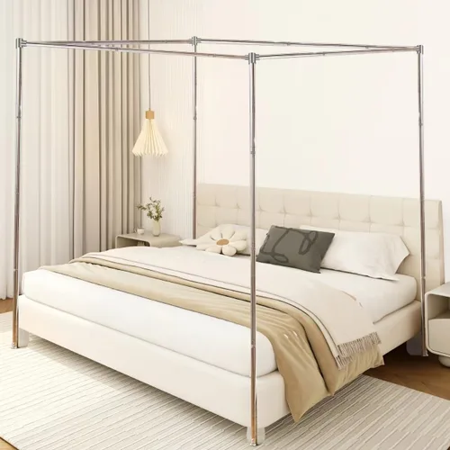 Miniatura 12 de Marco de Cama con Dosel de Acero Inoxidable Tamaño Individual, Marco de Cama de Postes Gruesos y Resistente para Cama de Metal o Madera, Decoración