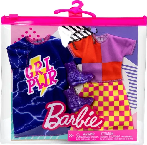 Miniatura 4 de Barbie Fashions - Conjunto de ropa de 2 unidades, 2 trajes de muñeca incluye camisa de colores con falda a cuadros, vestido "GRL PWR" y 2 accesorios