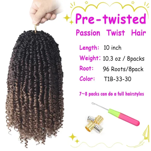 Miniatura 2 de Bileaf Cabello Passion Twist Ombré con Bucles Pre-hechos de 10 Pulgadas, Cabello de Ganchillo Passion Twist para Mujeres, Trenzas de Ganchillo Boho