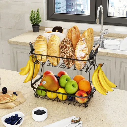 Miniatura 5 de ANTOPY Canasta de frutas de 2 niveles con 2 colgadores para plátanos, Cesta de frutas y verduras para encimera de cocina, Tazón de metal con alambre