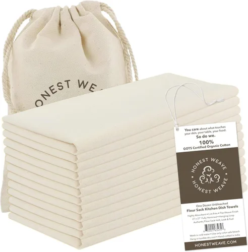 HONEST WEAVE GOTS Certificado - Juegos de toallas de mano y para platos de cocina de algodón flour sack 100% orgánico, extra grandes de 27x27