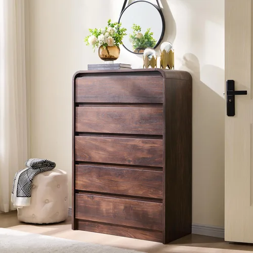 Miniatura 21 de Aitjunz Cómoda moderna de 5 cajones para dormitorio, 114 cm de altura con diseño de perfil curvo, cómoda vertical de madera estilo mediados de siglo