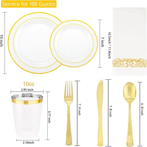 Miniatura 4 de Juego de vajilla dorada de 700 piezas, juego de vajilla desechable transparente para 100 invitados para fiestas, bodas, incluye: 200 platos Dorado