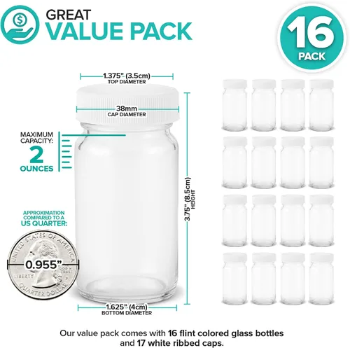 Miniatura 2 de Stock Your Home Botellas de vidrio con tapas (paquete de 16) botella de jugo de 2 onzas, para el bienestar o el jengibre, a prueba de fugas, aptas