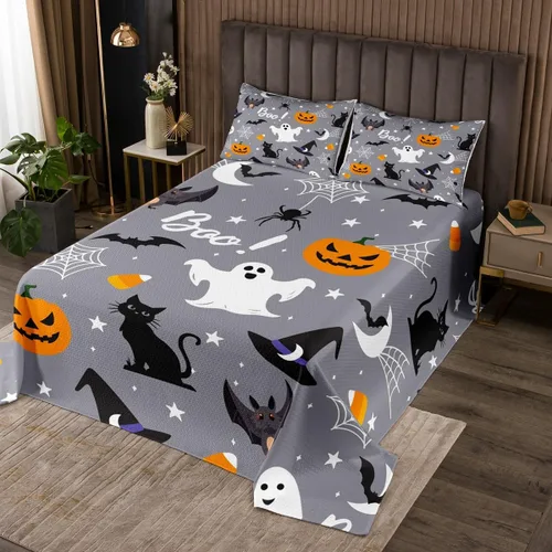 Miniatura 8 de Erosebridal Juego de colcha de murciélago de Halloween, tamaño individual, estrellas con purpurina y galaxia, para niños, decoración de Halloween