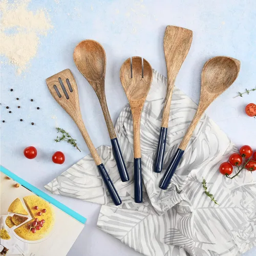 Miniatura 5 de Juego de 5 cucharas de madera para cocinar o utensilios de cocina, 12 pulgadas de largo (azul sólido)