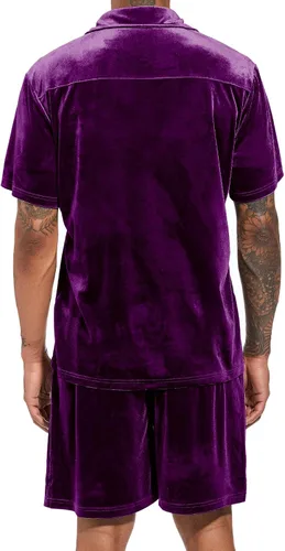 Miniatura 54 de LecGee Conjunto de pantalones cortos casuales de verano para hombre, camisa de terciopelo de manga corta con botones, pantalones cortos de cintura