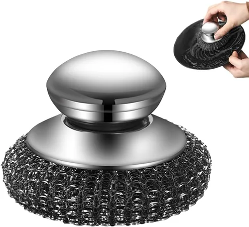 Depurador de lana de acero con asa, limpiador de platos de acero inoxidable resistente para limpiar platos, ollas de hierro, estufas, fregadero de 1
