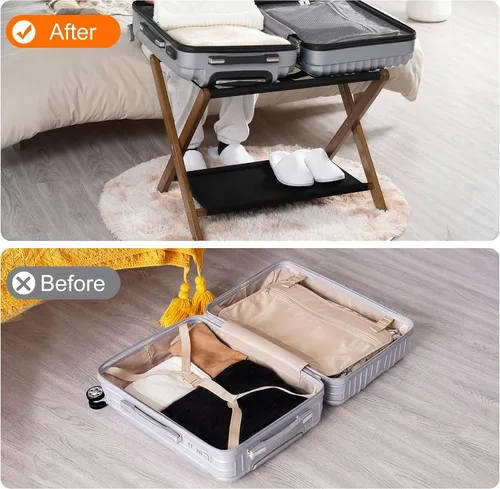 Miniatura 8 de Heybly Portaequipajes, soporte plegable para maleta con estante de almacenamiento, soporte de equipaje con 5 correas de nailon para habitación
