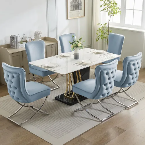Miniatura 7 de WUTUTUEE Sillas de Comedor de Terciopelo de Lujo, Sillas de Acento Tapizadas Capitoné sin Brazos con Patas de Metal Plateado en X, Juego de 2 Sillas