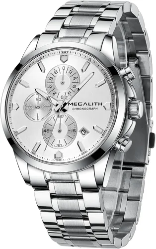 Miniatura 12 de MEGALITH Wrist Watches for Men Luxury: Dress Silver Stainless Steel Chronograph Watch Waterproof - Gift for Husband Father at Birthday Anniversary
