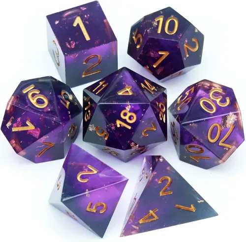 Miniatura 16 de Haxtec Juego de dados brillantes de borde afilado, dados DND de resina hechos a mano con inclusión de Mylar iridiscente, mezcla de color morado Azul