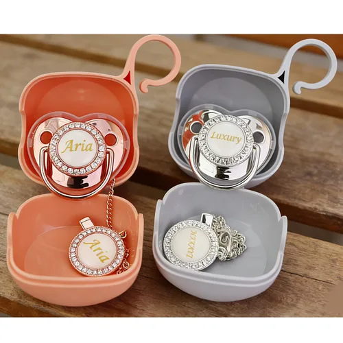 Miniatura 3 de Chupete personalizado con nombre, set de clip para chupete dorado brillante con caja de almacenamiento, chupete personalizado con purpurina
