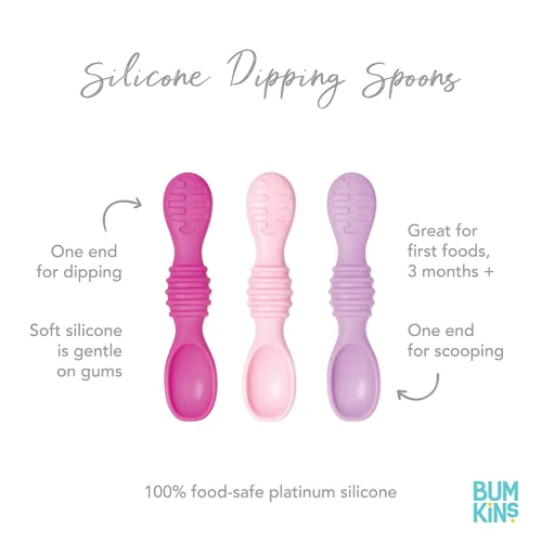 Miniatura 5 de Bumkins Juego de utensilios para bebé, cucharas de entrenamiento de silicona para sumergir, punta suave, autoalimentación, masticar, destete LED
