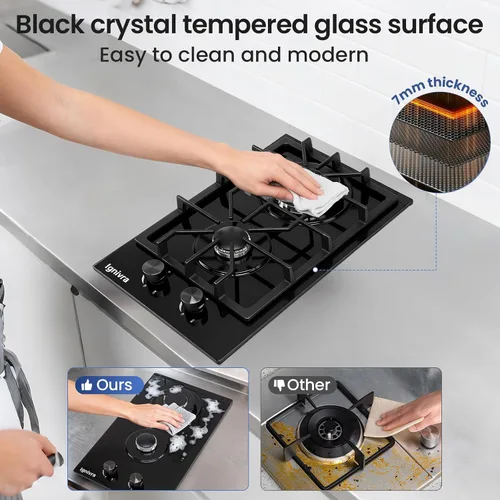 Miniatura 3 de Placa de cocina de gas con 2 quemadores, estufa de gas integrada de 12000 W, estufa de gas de vidrio templado de cristal negro, estufa de propano