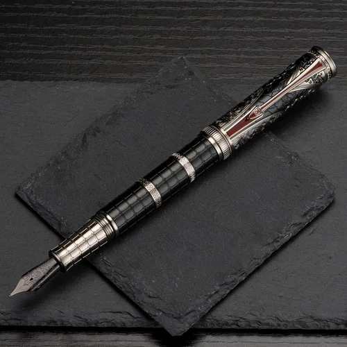 Miniatura 4 de Hongdian D5X - Pluma estilográfica de color negro, punta mediana, dinastía Qin, retro, tótem chino, grabado, pluma de escritura suave
