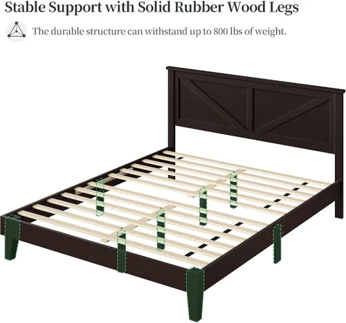 Miniatura 5 de Yaheetech Cama de madera tamaño matrimonial, marco de cama de madera de caucho espresso con cabecera diseñada en V, listones de soporte de madera