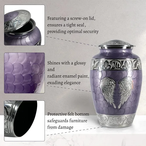 Miniatura 4 de Urna Púrpura para Cenizas Humanas Adultas Femeninas y Masculinas – Elegantes Urnas Grandes de Cremación con Alas de Ángel, Urna Funeraria Decorativa
