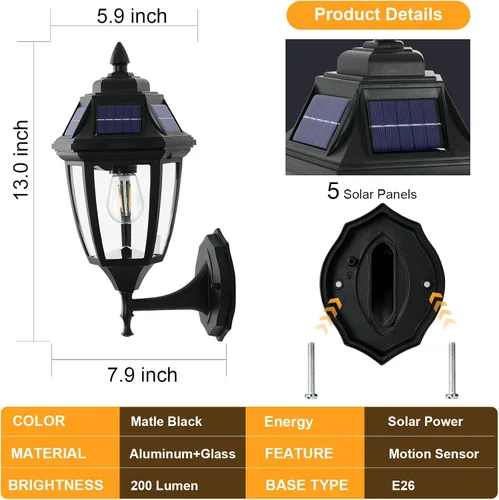 Miniatura 5 de Paquete de 2 luces solares para porche, luces solares con sensor de movimiento para exteriores, luces de pared solares de aluminio para exteriores