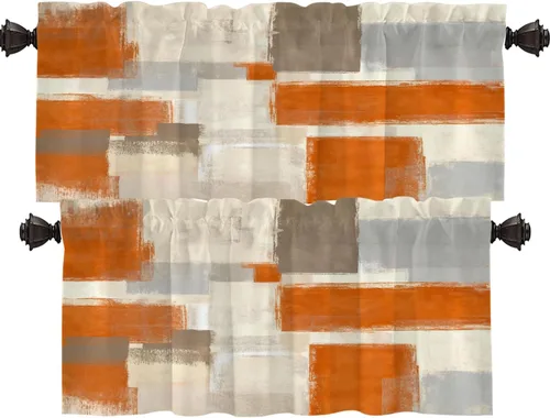 Miniatura 19 de Shrahala Beige and Orange Abstract Art Brushstrokes Blackout Curtain Tiers, Abstract Oil Paint Kitchen Valance Light Blocking Tier Drapes with Rod